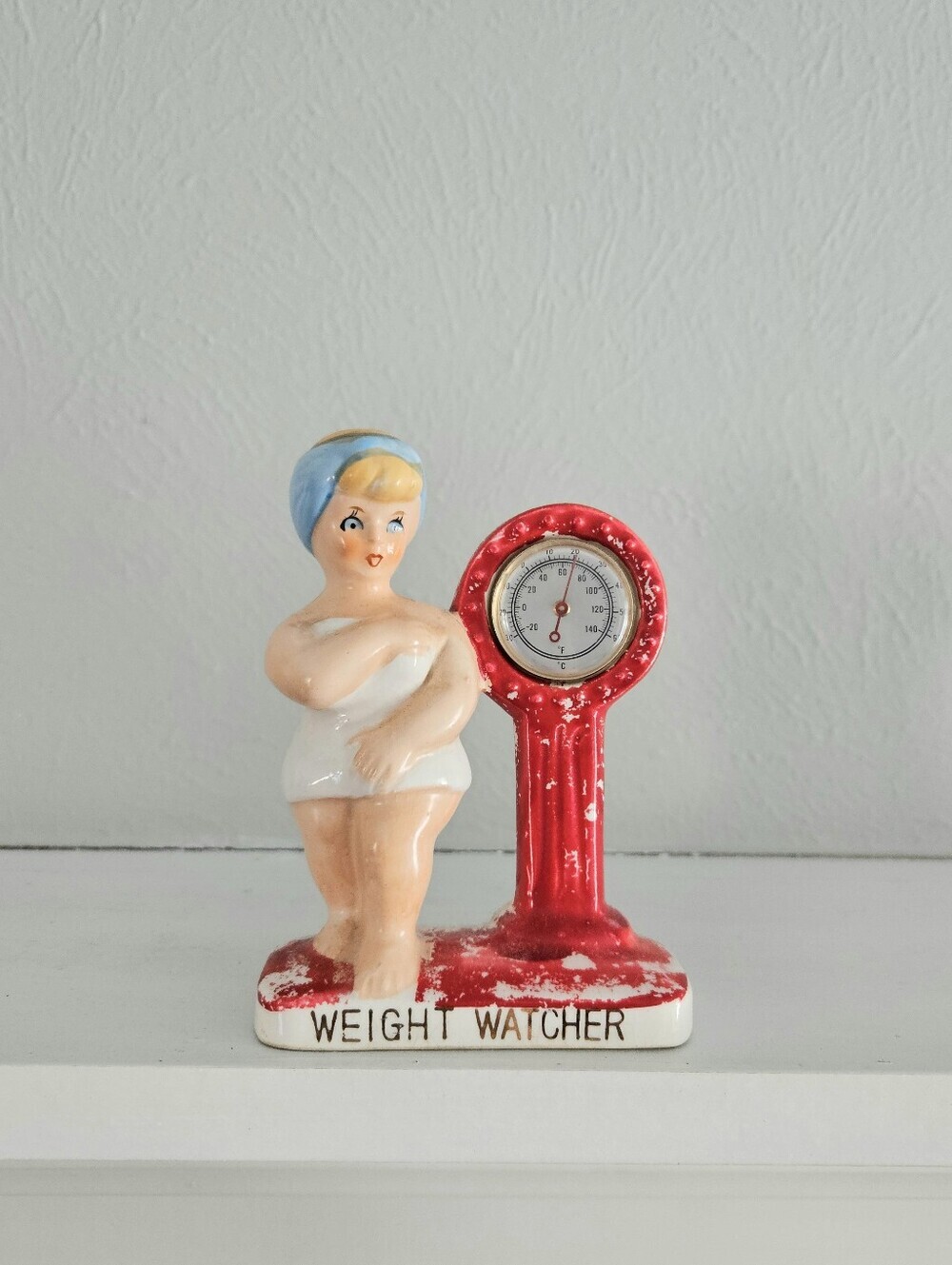 Vintage Ceramic Weight Watchers Collectible Figure With Working Thermometer